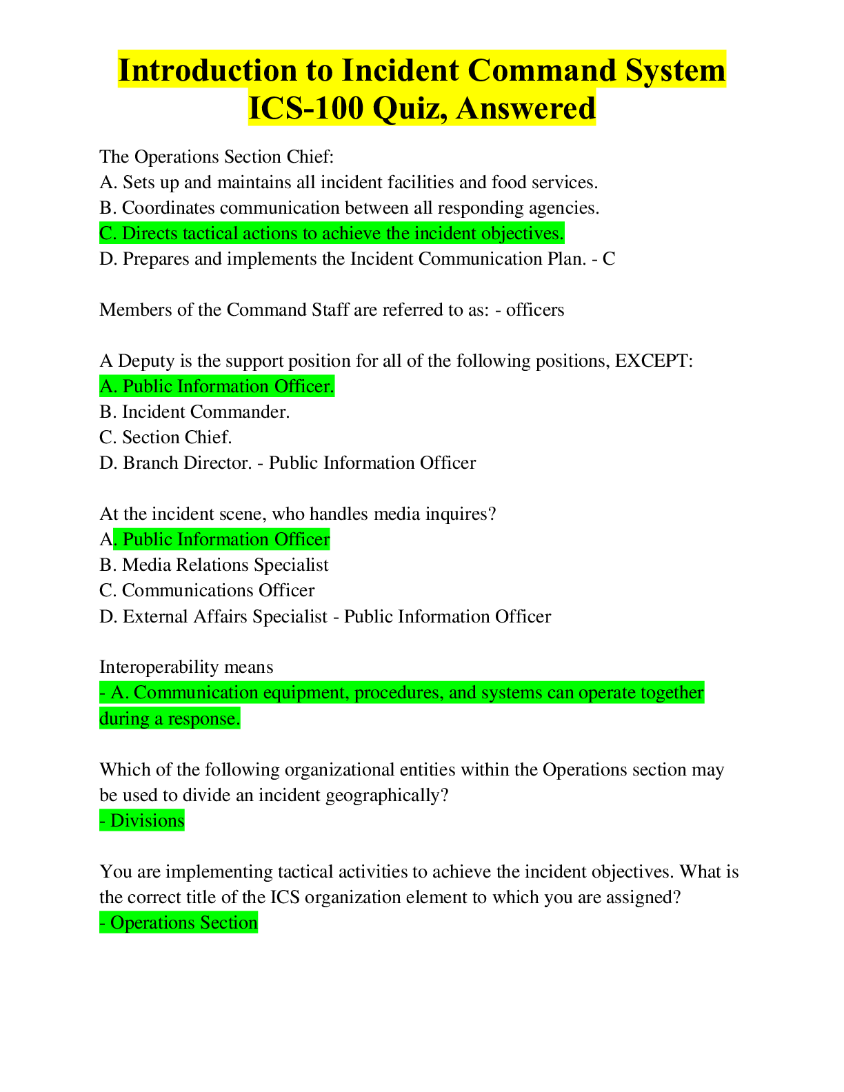 Preview of Introduction to Incident Command System ICS-100 Quiz, Answered